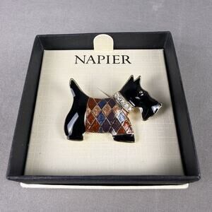 Vintage Napier Gold Black Argyle Enamel Scottie Dog Brooch Rhinestone Collar